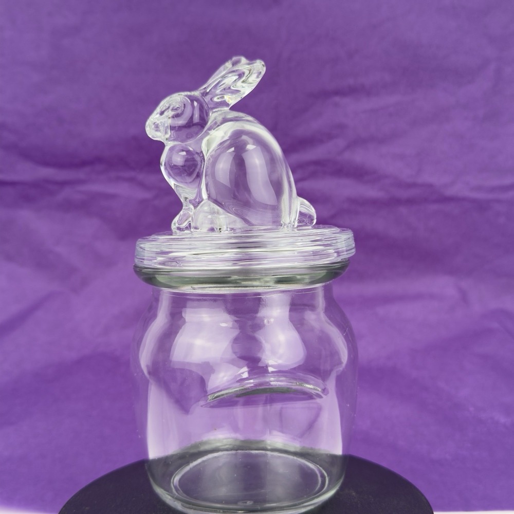 Clear Glass Bunny Rabbit Lidded Candy Jar Apothecary Tabletop Spring Decor